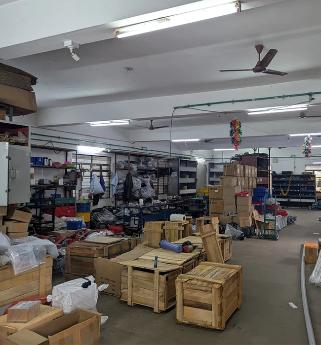 Organized warehouse storing industrial air cooling and humidification equipment