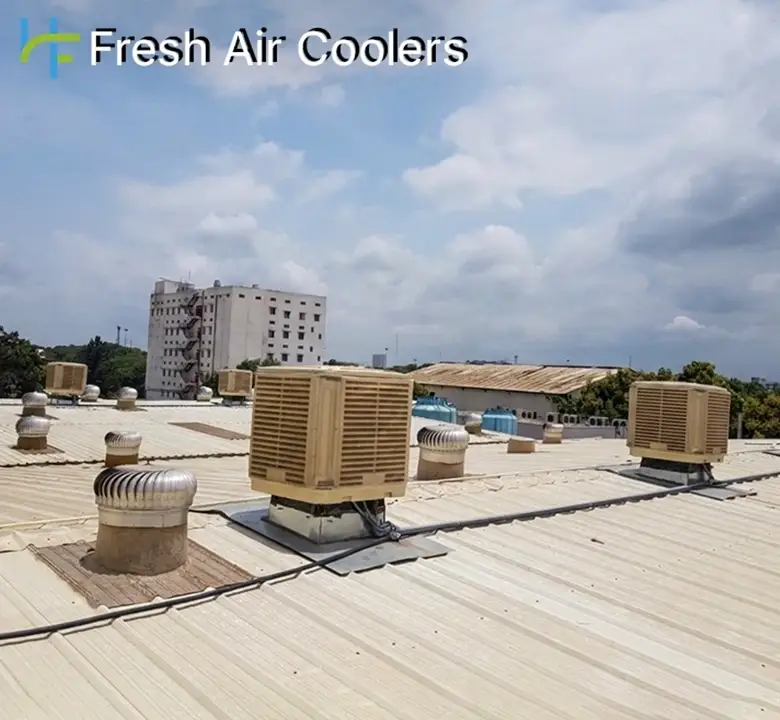 Advanced evaporative cooling systems designed to maintain optimal temperatures and improve air quality in large industrial facilities.