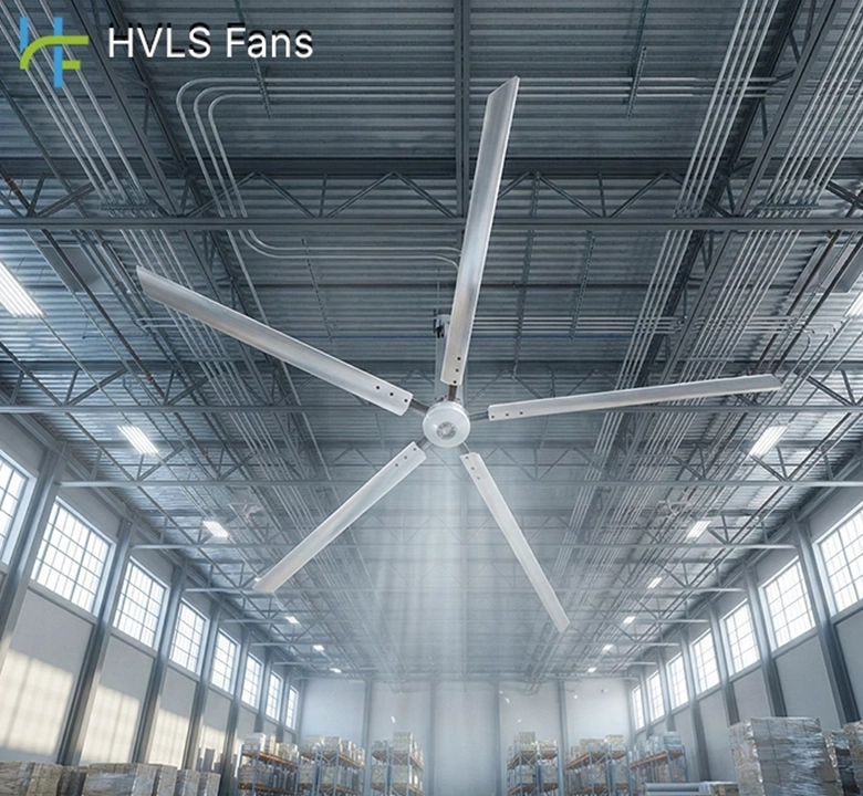 Durable HVLS ceiling fans designed to maintain comfortable temperatures and improve air circulation in large industrial spaces.