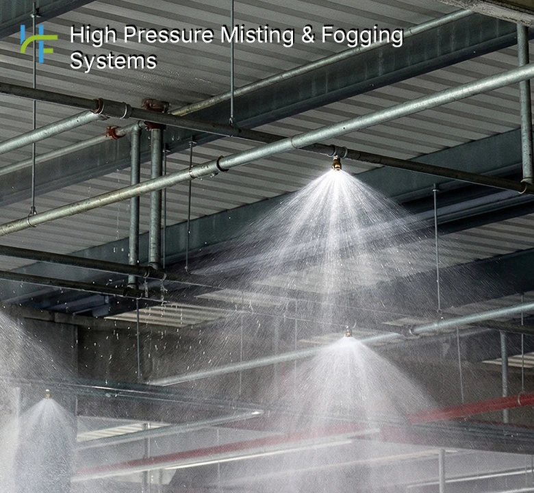 Industrial misting solution achieving 5 to 15 °C temperature reduction in large open areas.